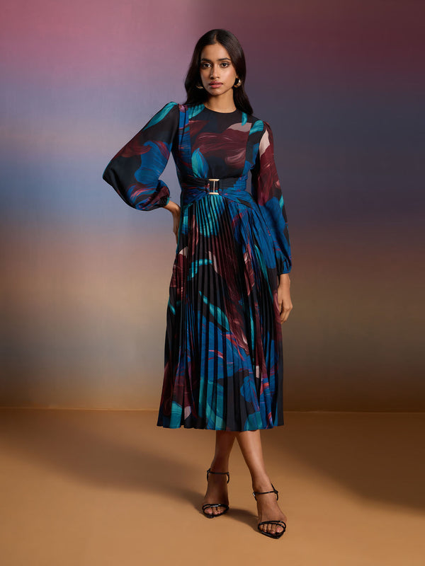 Multicolor Floral Print Bishop Sleeves Fit And Flare Midi Dress