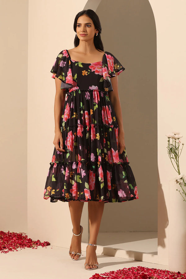 Black Georgette, Cotton Square Neck Gul Gulaab Midi Dress