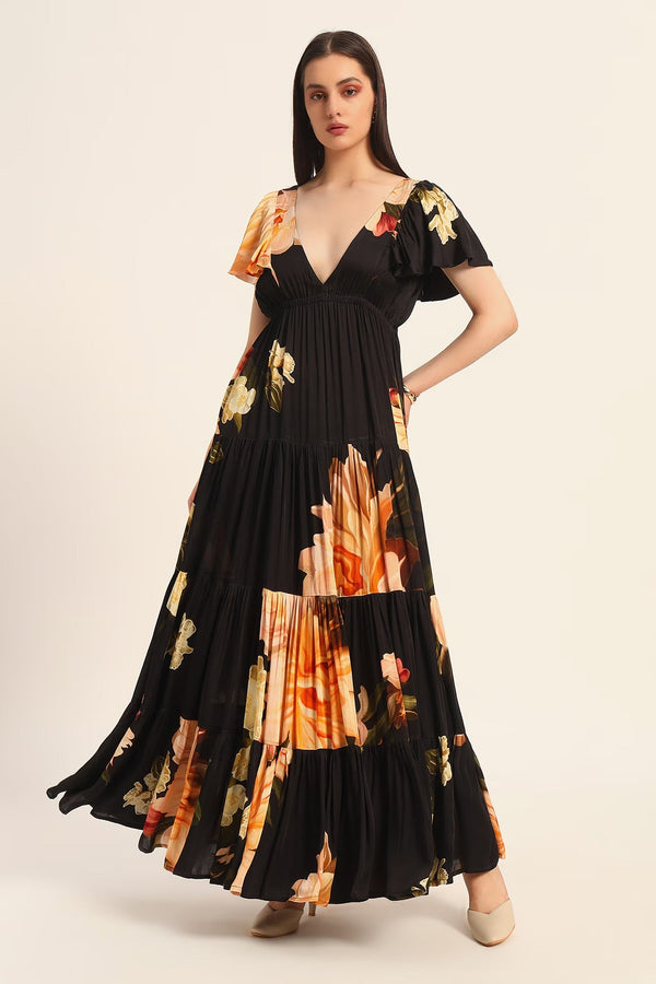 Black Satin V-neck Floral Print Maxi Dress