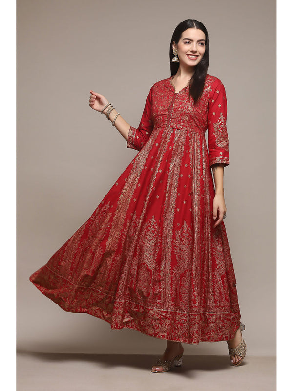 Women Cotton Blend Printed Ethnic Dresses - Red