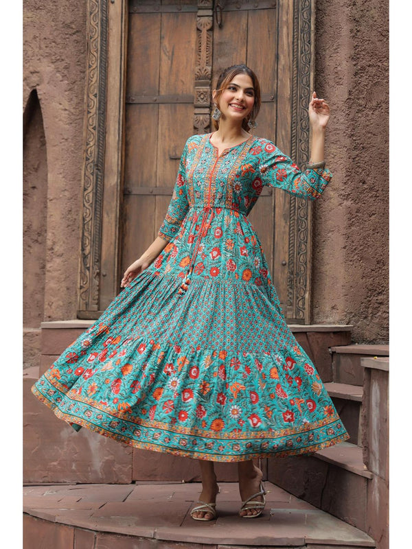 Women Green & Red Ethnic Pure Cotton A-line Midi Dress