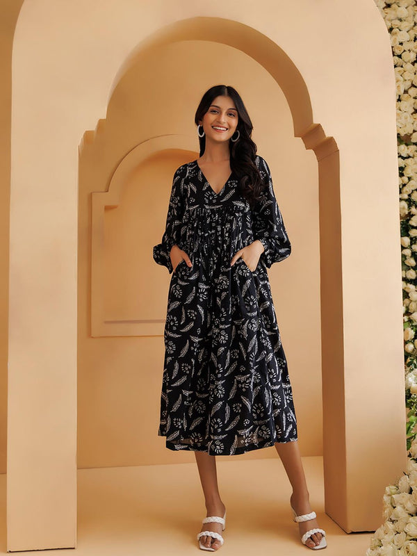 Qala Black Hand Block Printed Gathered Midi Dress