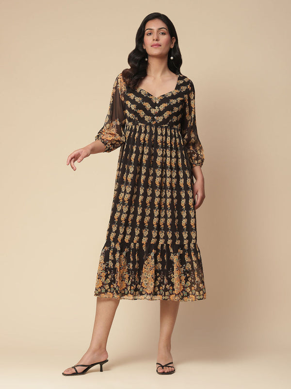 Black Floral Print Midi Dress