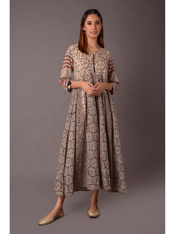 Womens Printed Cotton Beige Dress