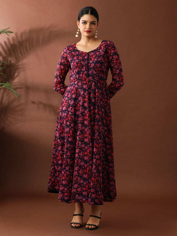 Navy Blue Floral Printed A-Line Georgette Ethnic Dress