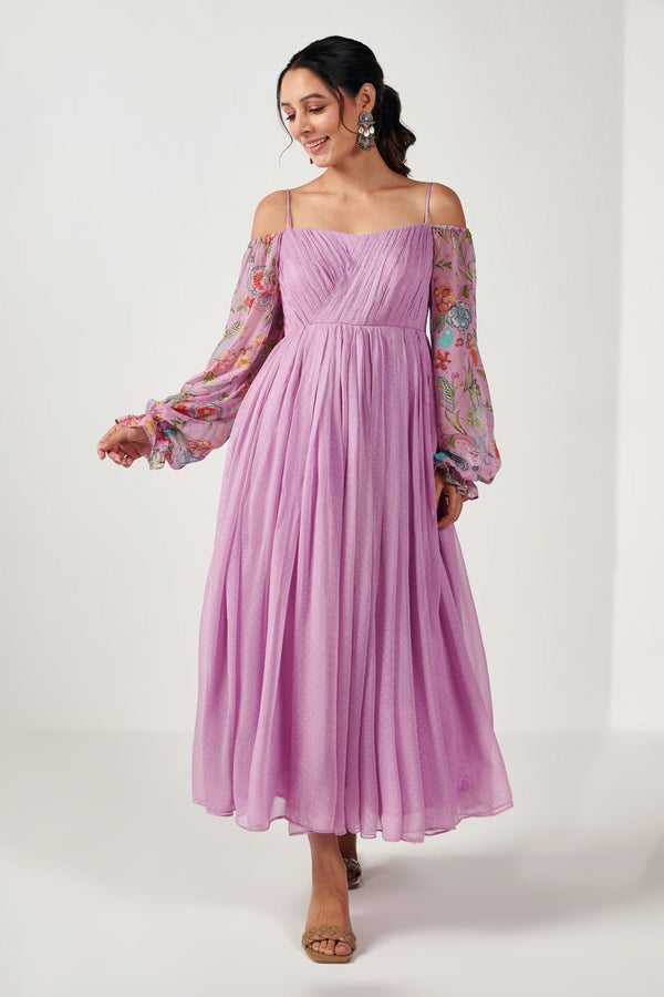 Purple Georgette, Linen Embroidery Bagicha Polka Print Cold Shoulder Midi Dress