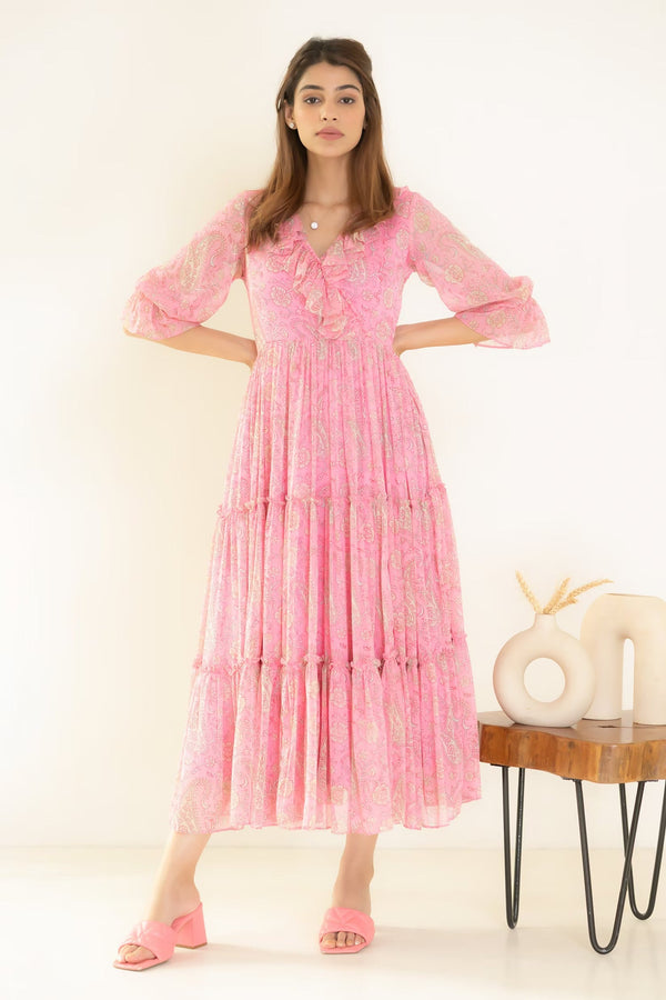 Pink Chiffon Printed Floral V-neck Paisley Dress