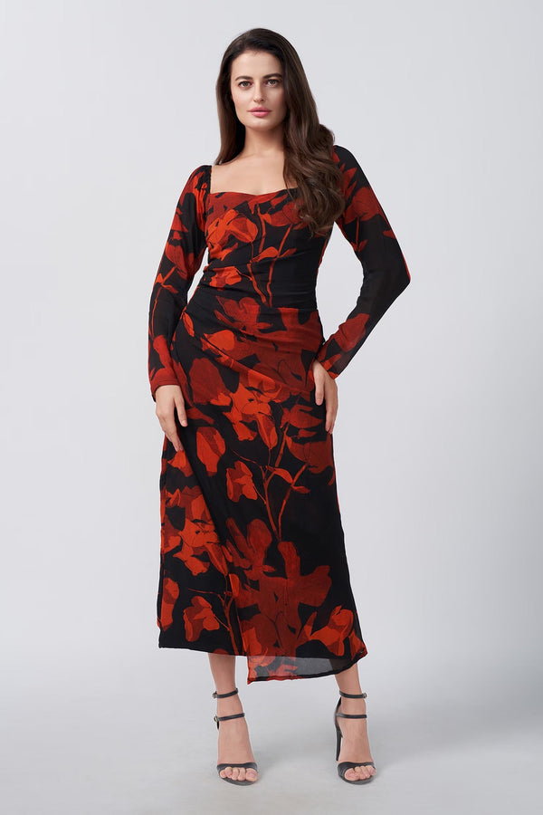 Black Chinnon Print Floral Sweetheart Wrapped Dress