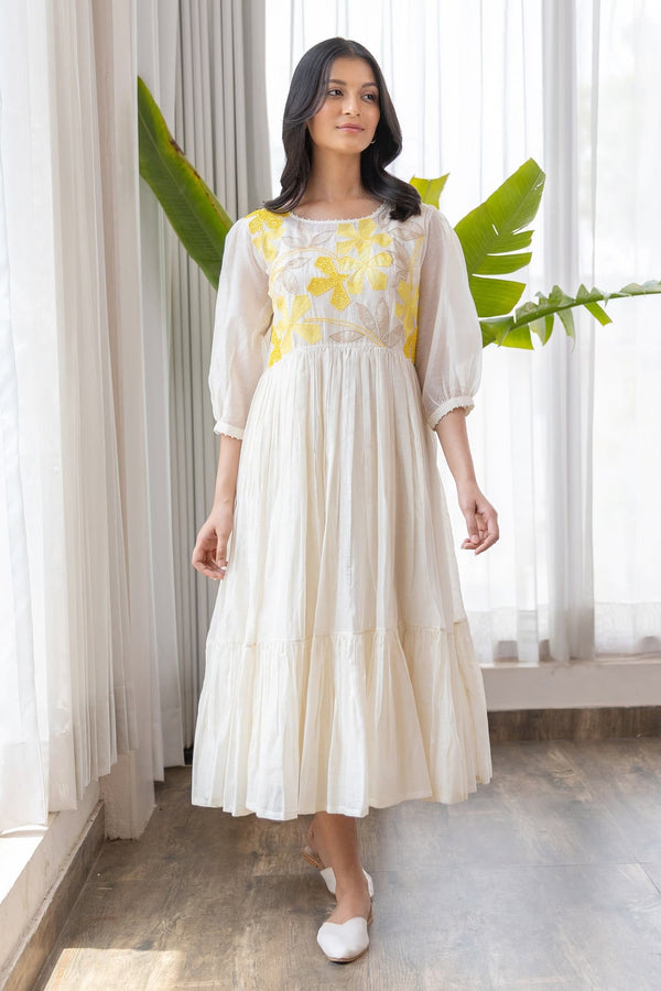White Cotton, Chanderi Floral Round Embroidered Dress
