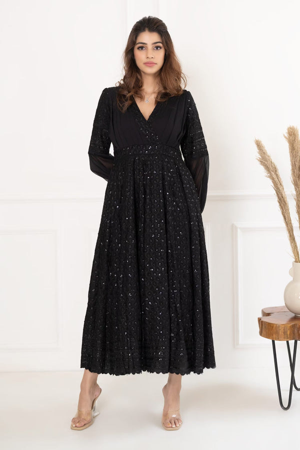 Black Rayon Hand Embroidered Sequin V Neck Detailed Dress