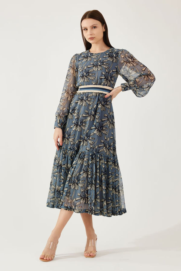 Blue Chiffon Fringe Round Neck Floral Print Midi Dress