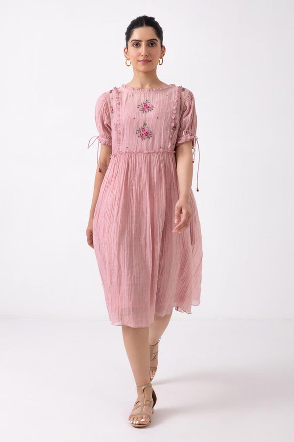 Pink Chanderi Embroidery Round Neck Floral Placement Dress