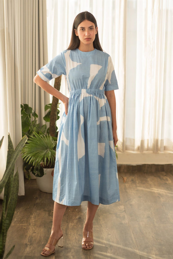 Blue Cotton Round Neck Contrast Abstract Print Dress